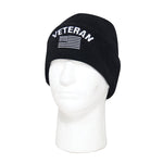 Veteran With US Flag Fine Knit Watch Cap - Black