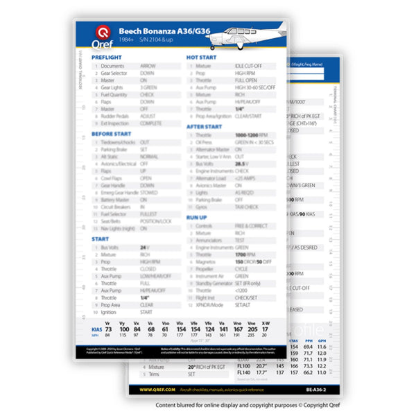 Qref - Beechcraft Bonanza A36/G36 300HP Checklist Card